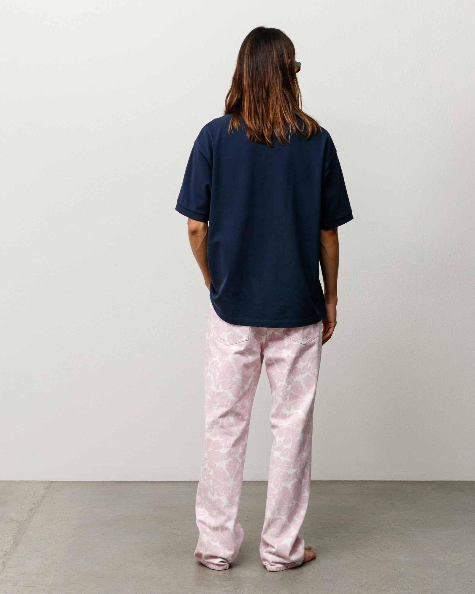 Classic Pique Polo Unisex Short Sleeve In Navy, Back View On Model