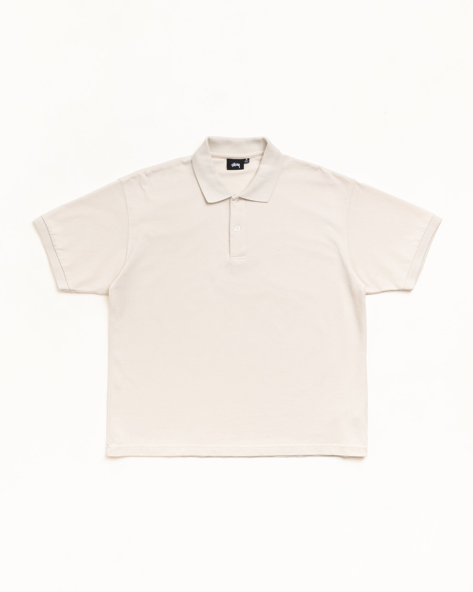 Off White pique cotton polo, unisex short sleeve with ribbed collar and two-button placket