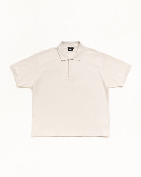 Off White pique cotton polo, unisex short sleeve with ribbed collar and two-button placket