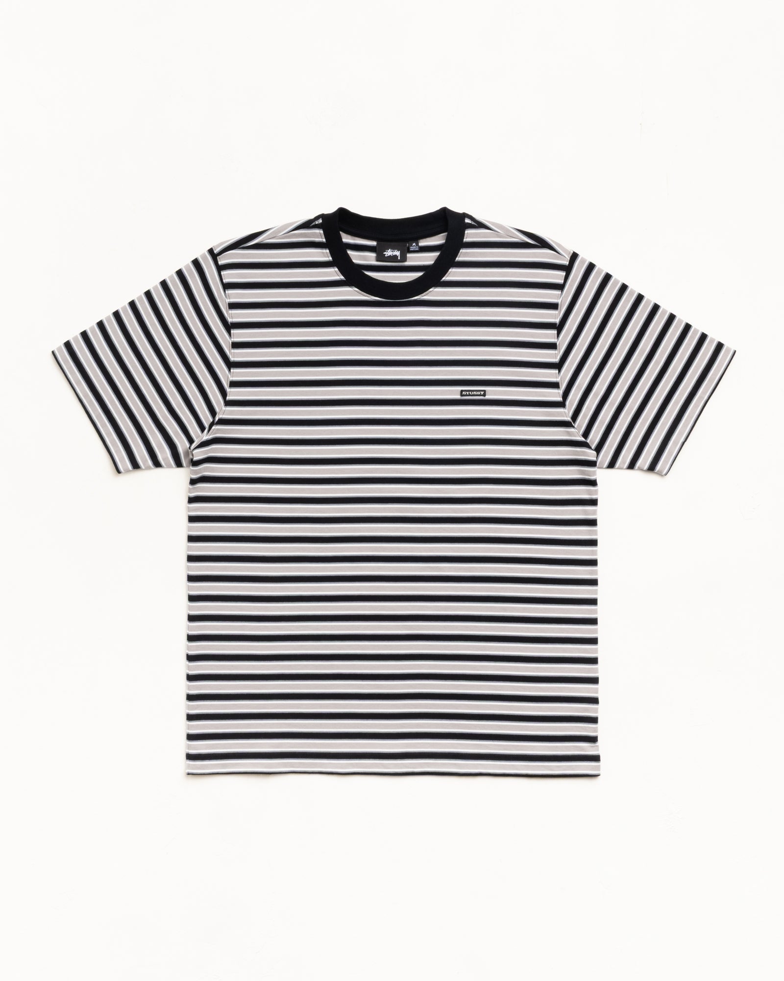 Unisex short sleeve tee in black with horizontal stripes and ribbed crewneck