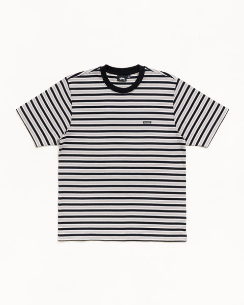 Unisex short sleeve tee in black with horizontal stripes and ribbed crewneck