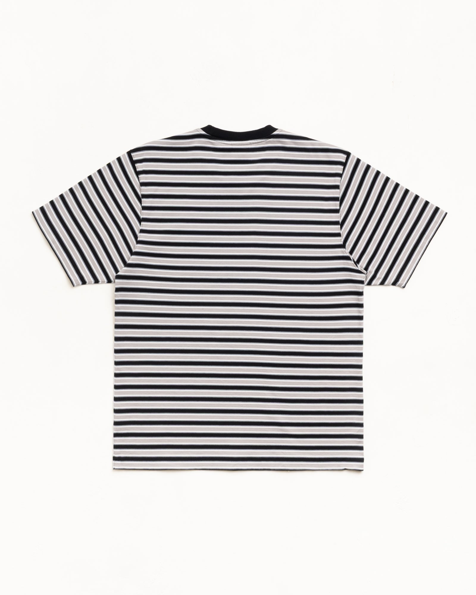 Black and white striped short sleeve tee, back view with ribbed crew neck.