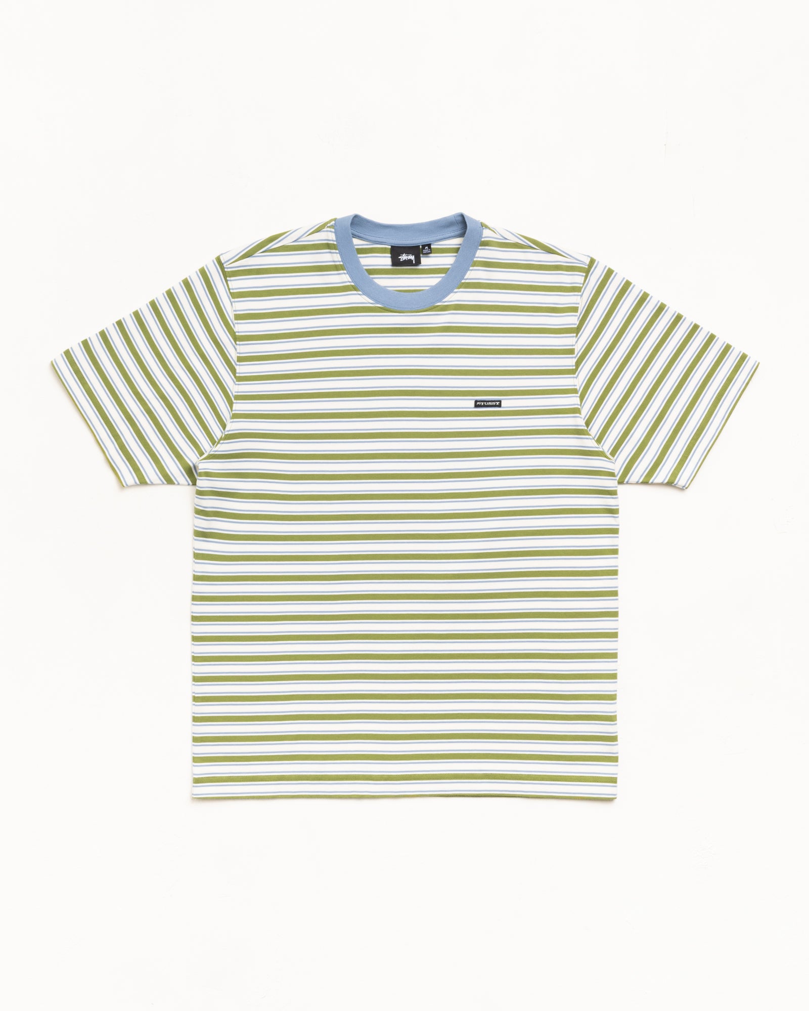 Moss green and white striped short sleeve tee with contrast light blue ribbed crewneck
