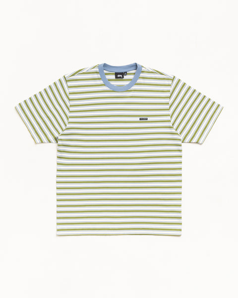 Moss green and white striped short sleeve tee with contrast light blue ribbed crewneck