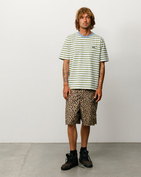 Beach Stripe Tee in Moss with blue ribbed collar, modelled front view