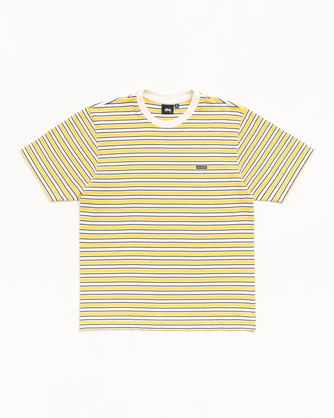 Yellow striped short sleeve tee with ribbed crewneck and small chest logo patch, unisex.