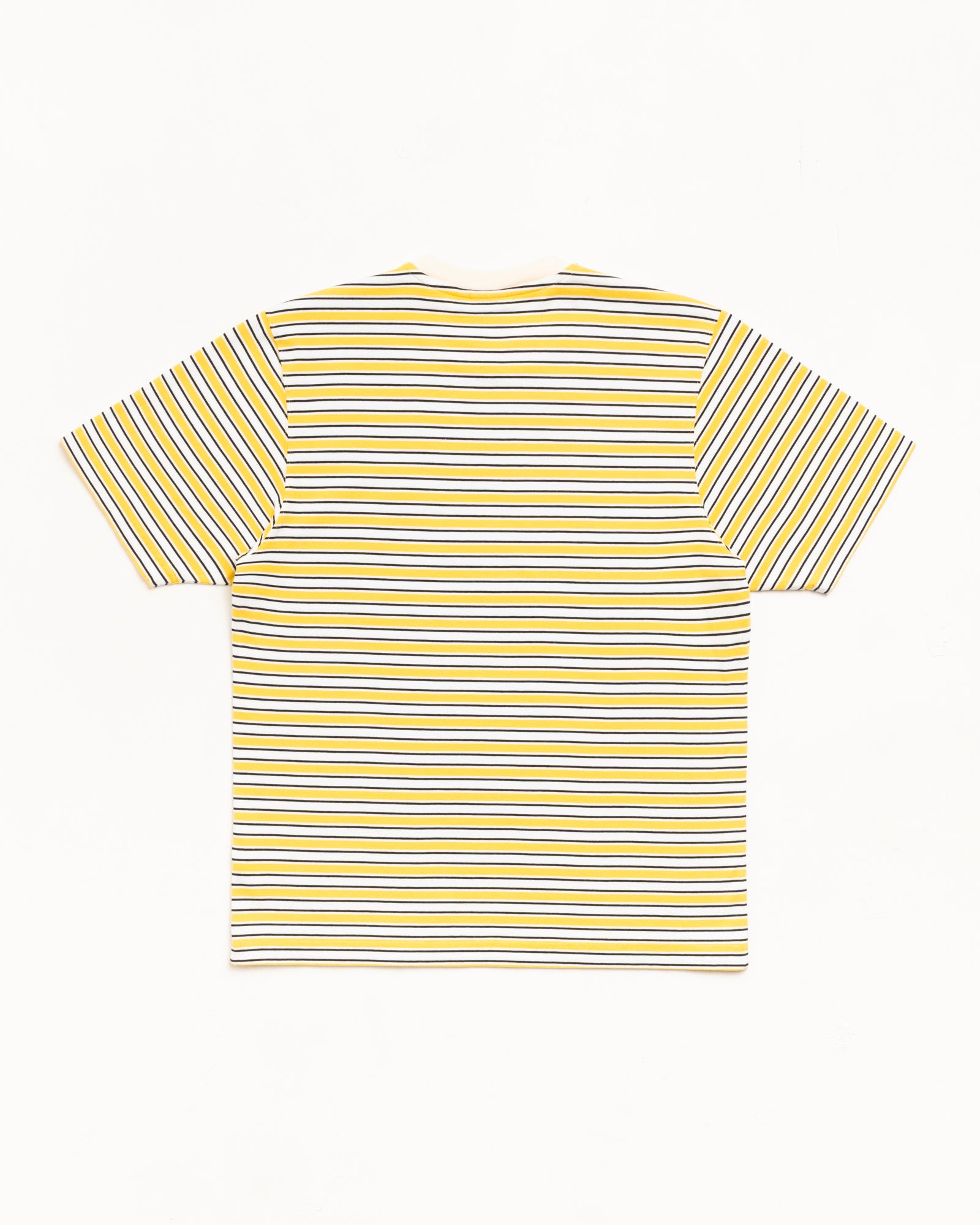 Yellow horizontally striped short sleeve T-shirt, back view