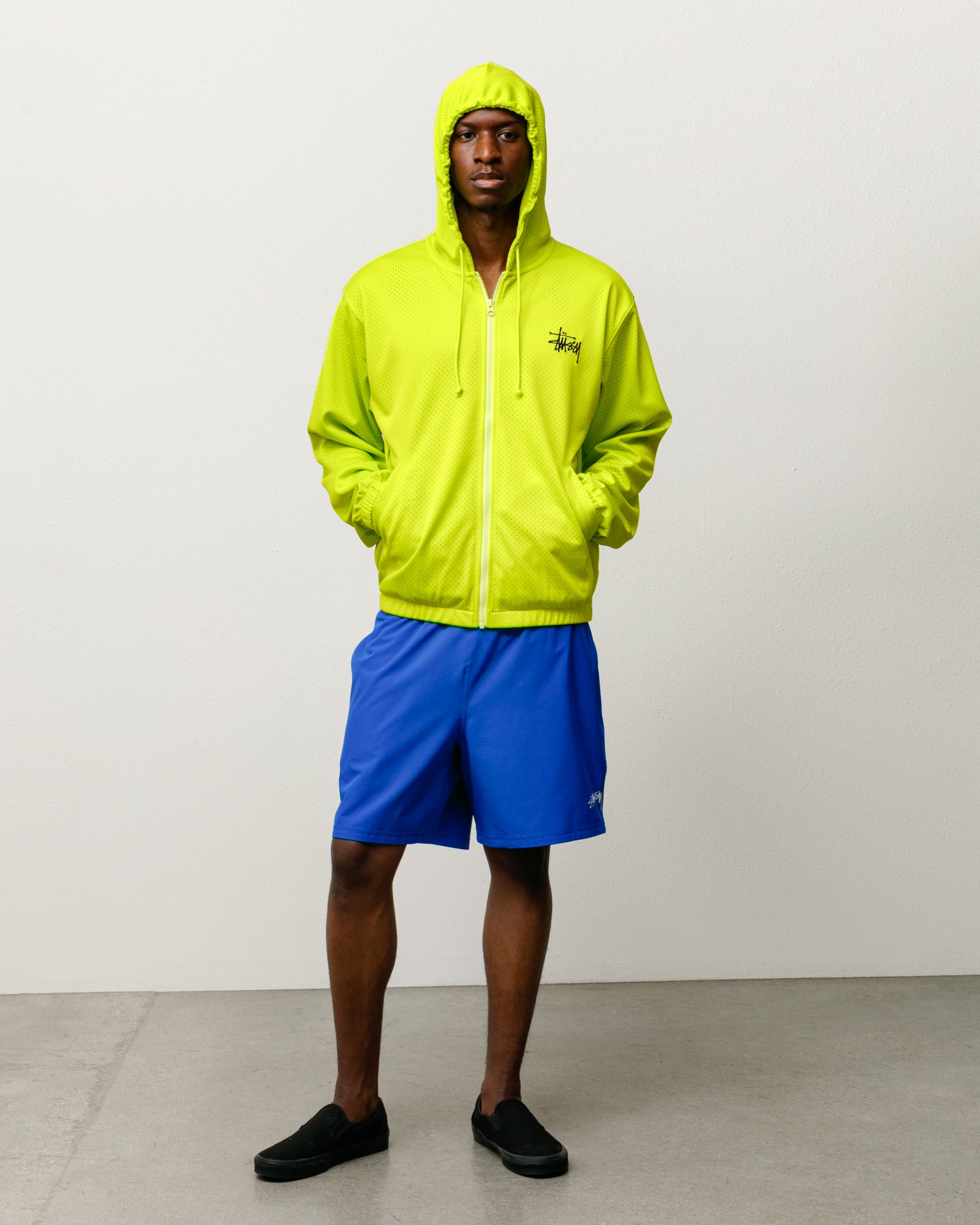 Athletic Mesh Zip Hood Unisex Long Sleeve In Safety Green