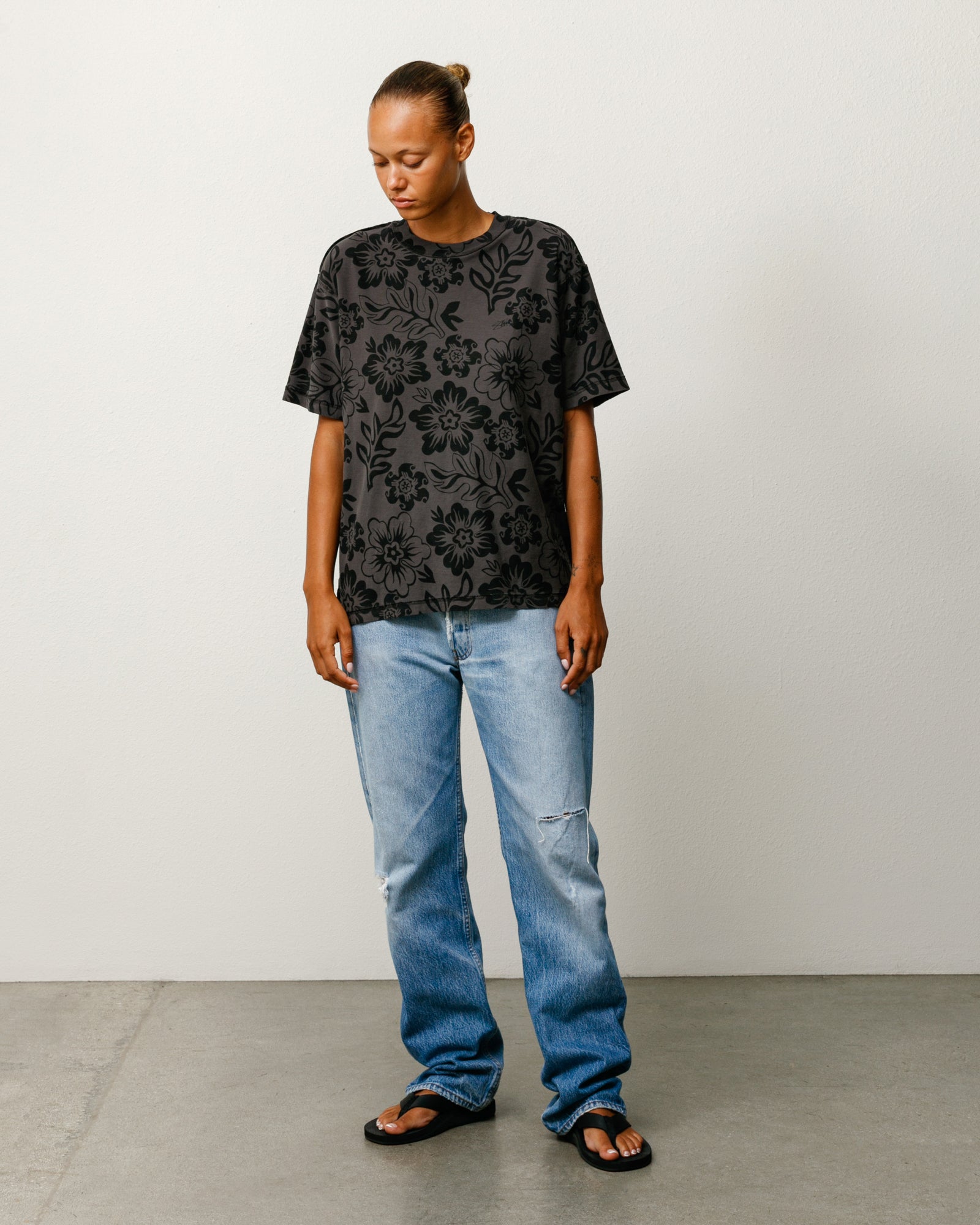 Lazy Ss Tee Floral Print Unisex Short Sleeve In Vintage Black