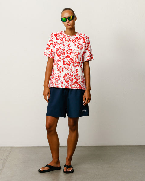 LAZY FLORAL TEE T-shirt unisexe à manches courtes blanc à imprimé floral rouge intégral par Stüssy