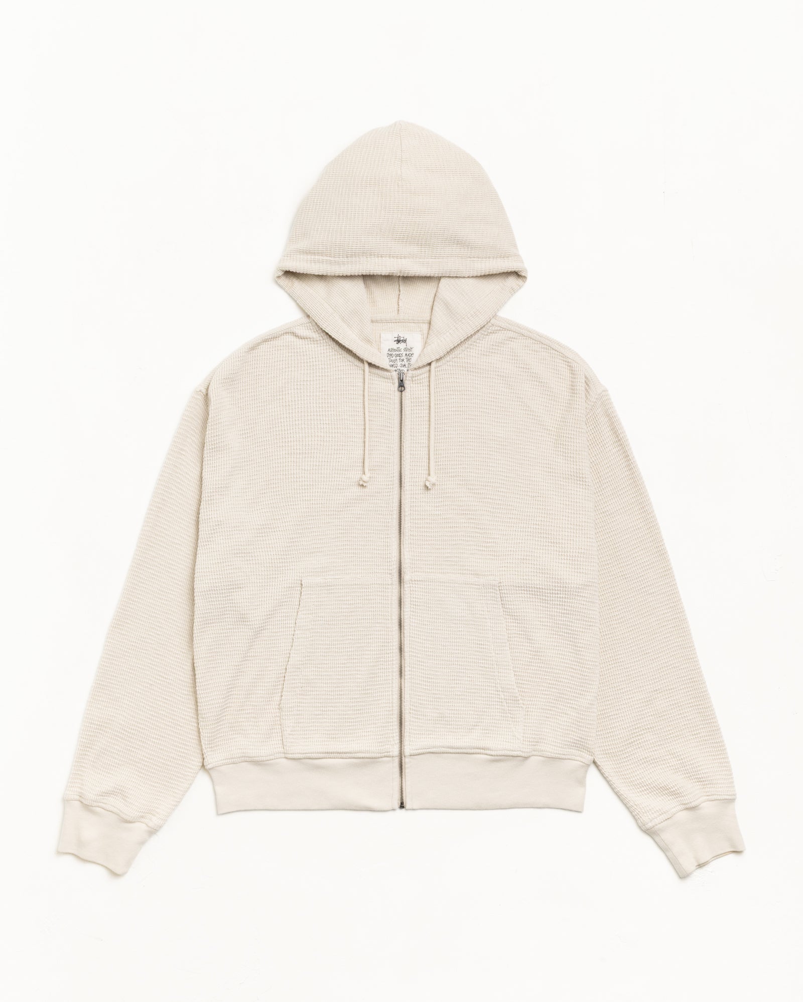 Lightweight Thermal Zip Hoodie In Bone With Waffle Knit, Ribbed Trims And Kangaroo Pockets