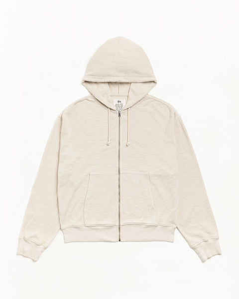 Lightweight Thermal Zip Hoodie In Bone With Waffle Knit, Ribbed Trims And Kangaroo Pockets
