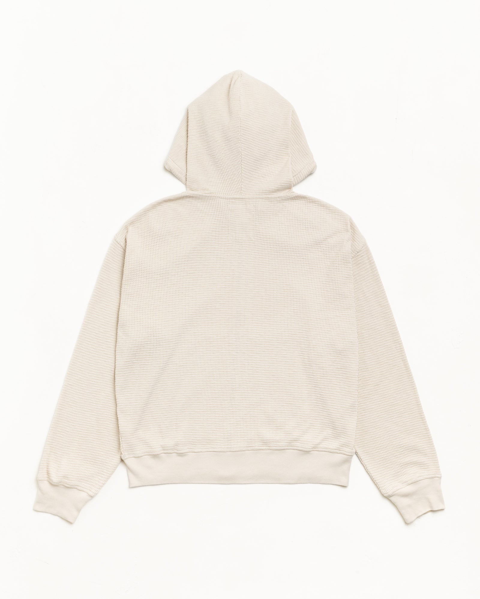 Lightweight thermal hoodie in Bone, waffle knit with rib hem and cuffs, back flat view