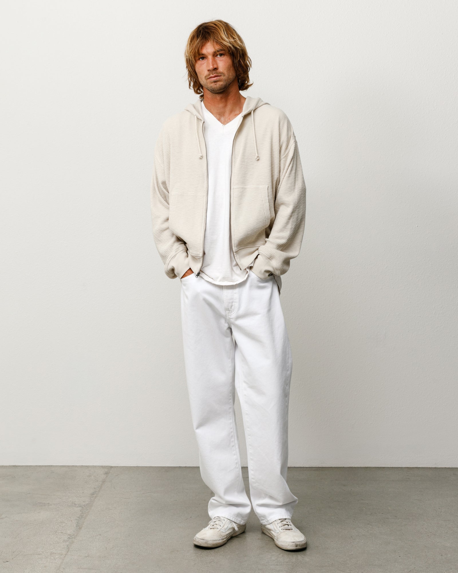 Lightweight thermal zip hoodie, unisex long sleeve in bone with drawcord hood and ribbed cuffs