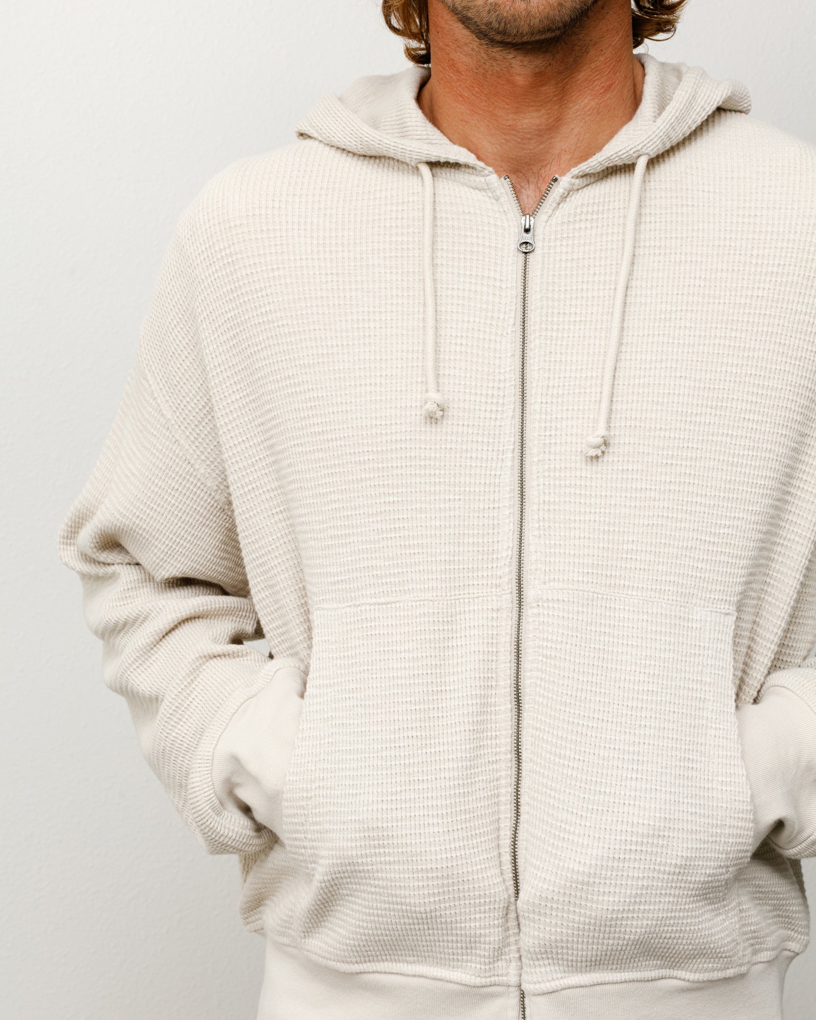Lightweight Thermal Hoodie Unisex Long Sleeve In Bone, Waffle-Knit Zip-Up With Drawcords