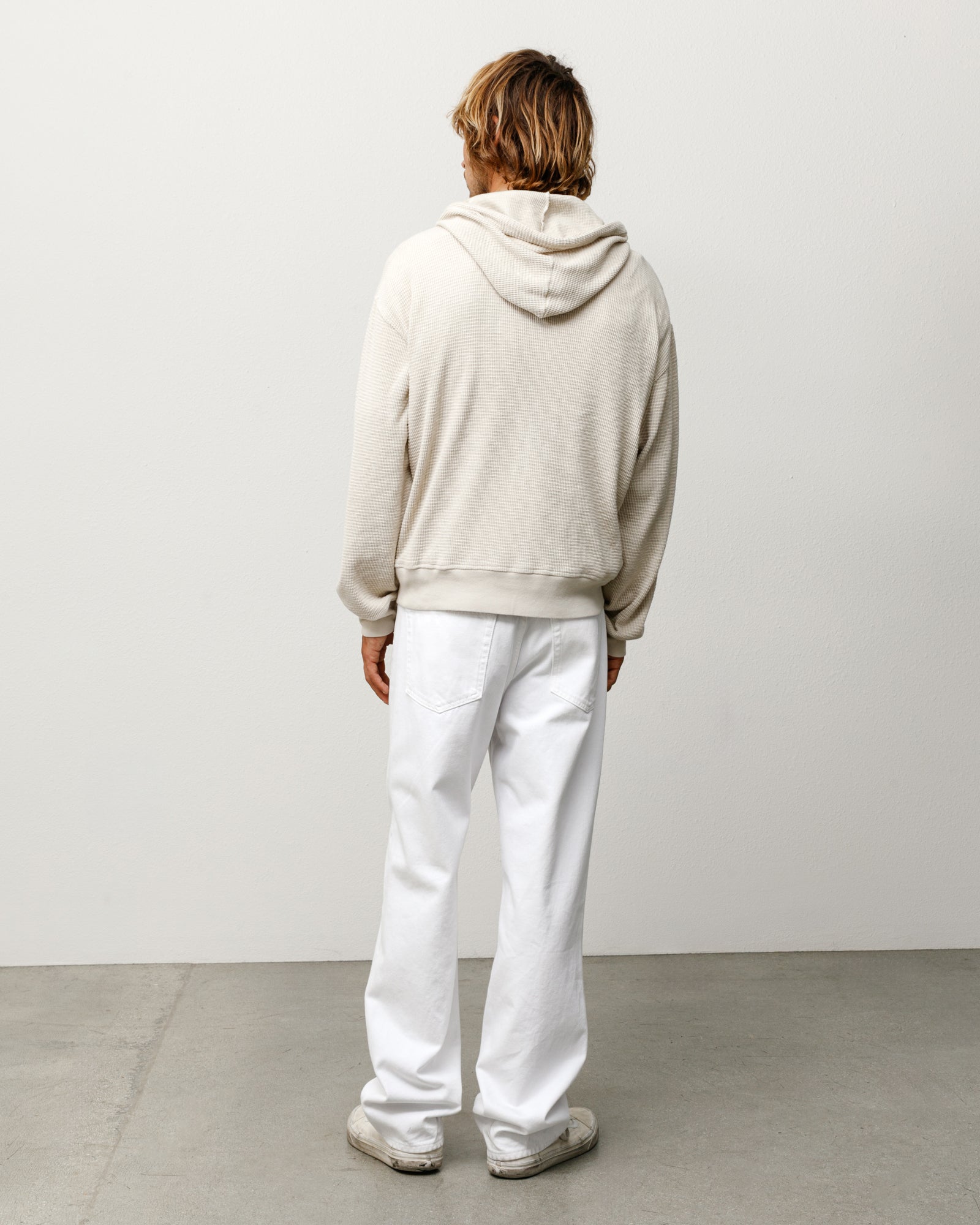Lightweight Thermal Hoodie Unisex Long Sleeve In Bone, Waffle Knit And Ribbed Hem Back View