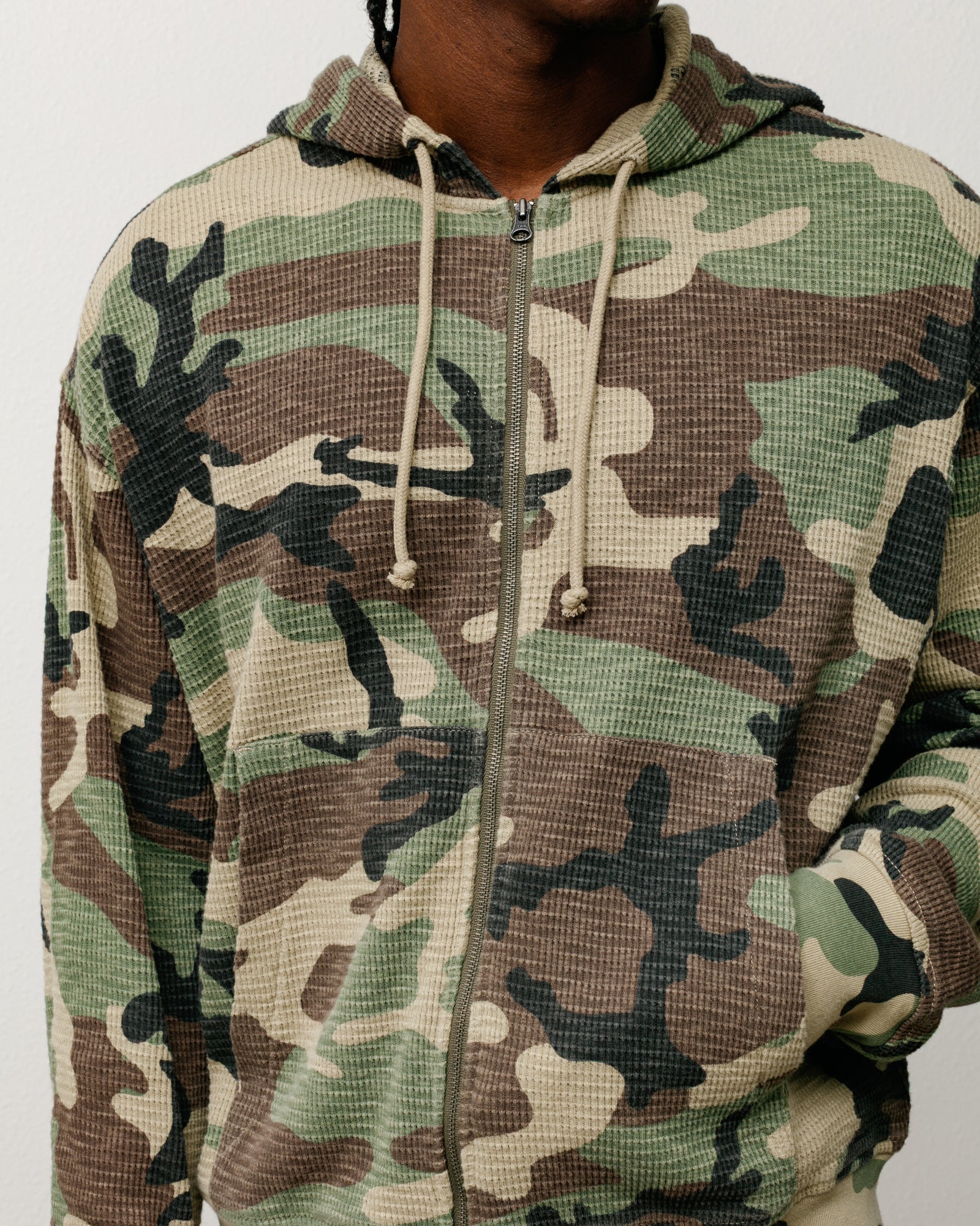Lightweight thermal zip hoodie in camo, cotton waffle knit with drawcord hood