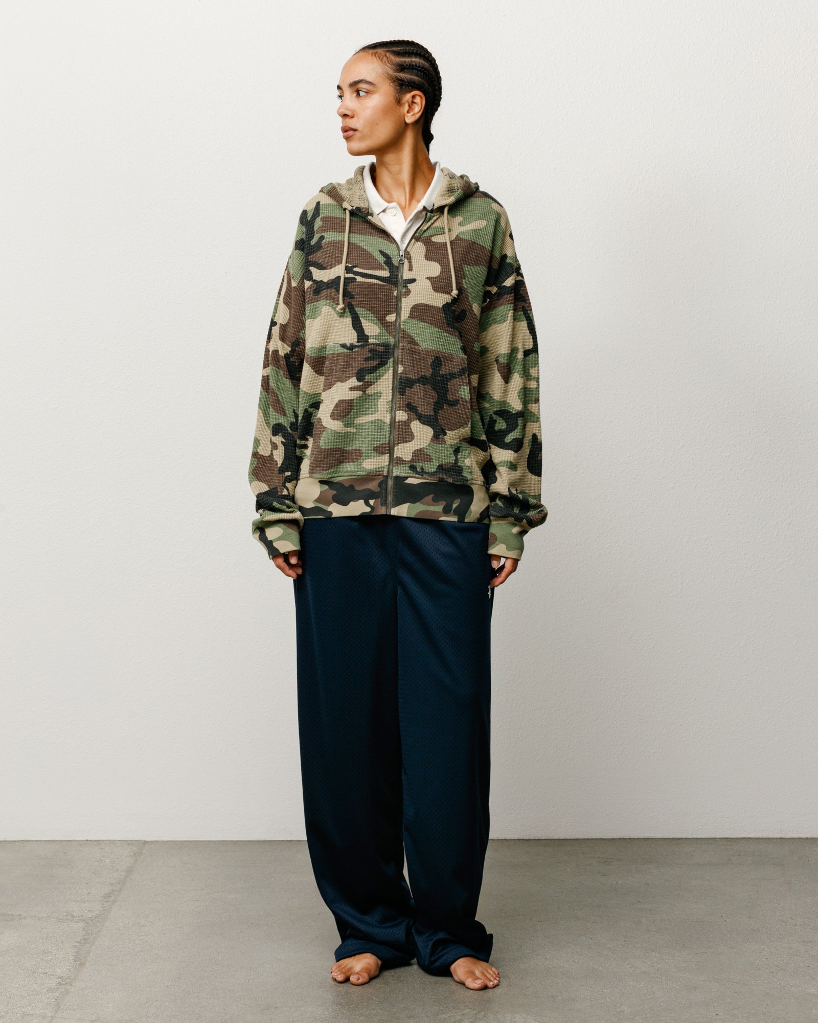 Lightweight Waffle-Knit Thermal Zip Hoodie Unisex Long Sleeve In Camo