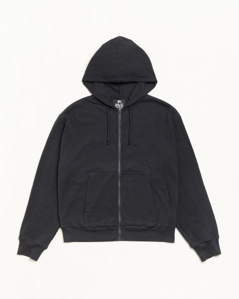 Lightweight Thermal Waffle-Knit Zip Hoodie In Faded Black With Drawcord Hood And Pockets