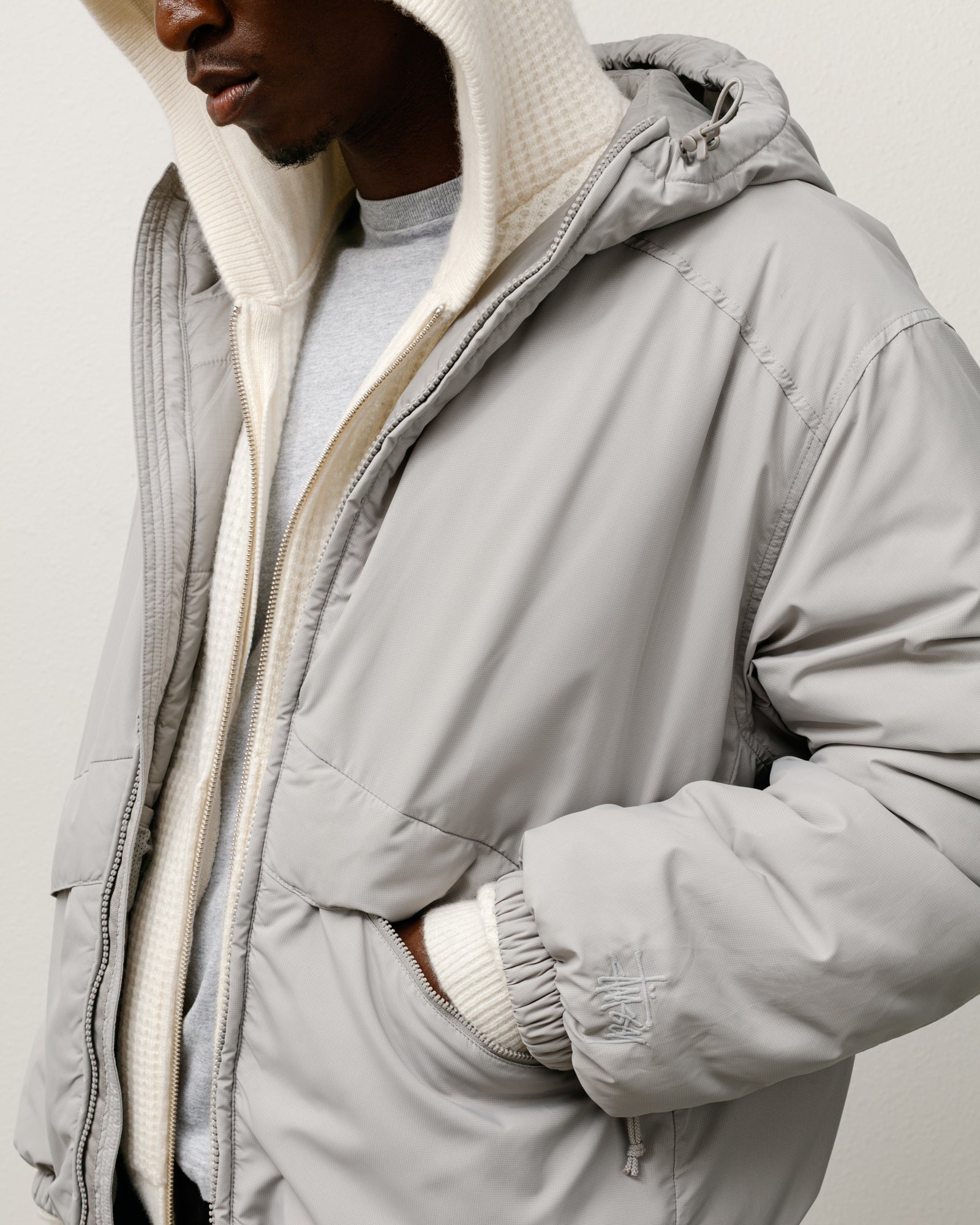 Insulated Hooded Jacket Mens Long Sleeve In Grey