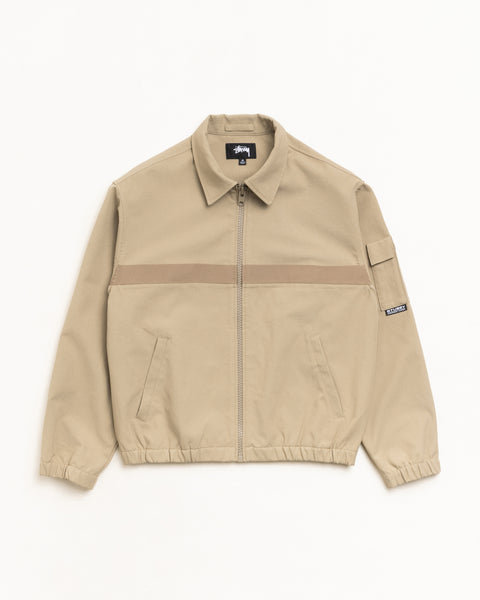 Khaki zip-front mechanic jacket with horizontal webbing, elastic hem and sleeve pocket