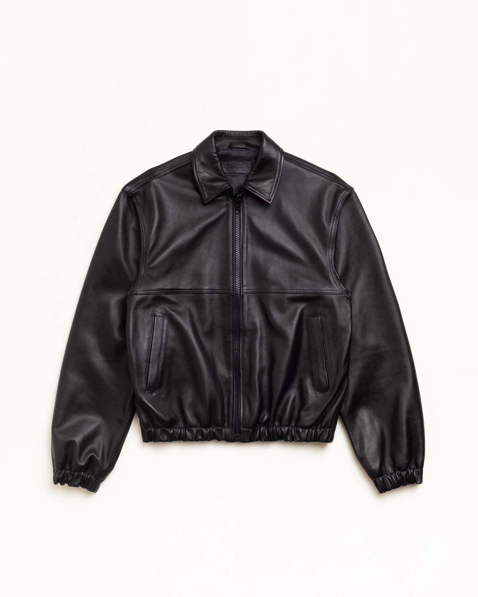 Black Leather Work Jacket Unisex Long Sleeve With Zip Front