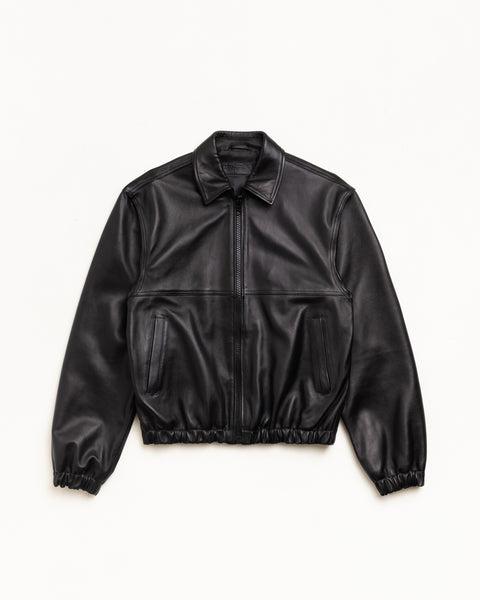 Black Leather Work Jacket Unisex Long Sleeve With Zip Front