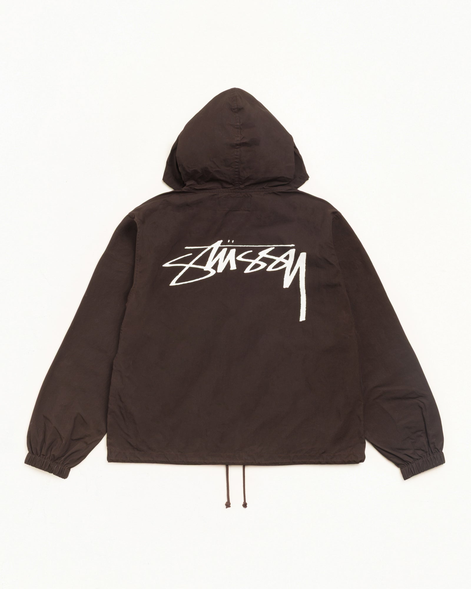 Veste Beach Shell en coton ciré marron, coupe décontractée avec capuche, grand logo Stüssy au dos