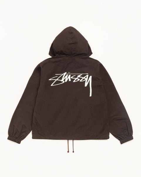 Waxed Cotton Beach Shell Jacke in Braun, lockere Passform mit Kapuze und großem Stüssy Rückenlogo