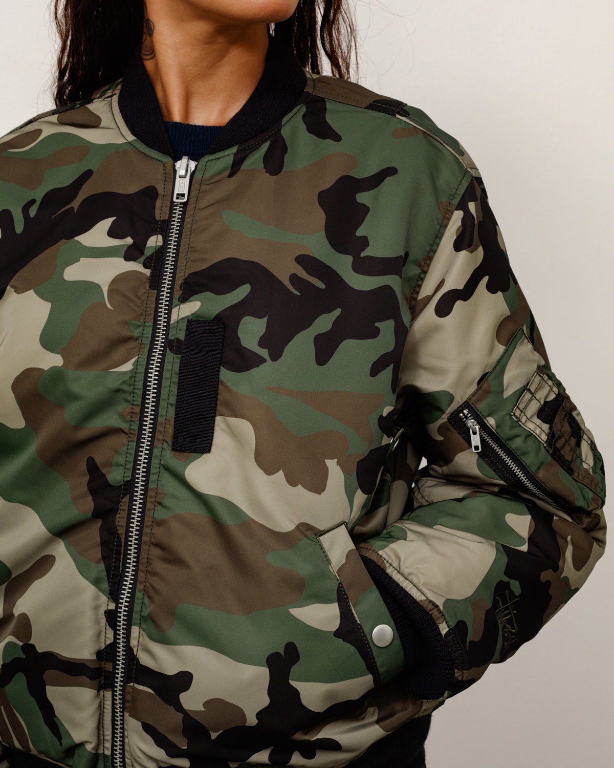 Ma-1 Bomber Unisex Long Sleeve In Woodland Camo
