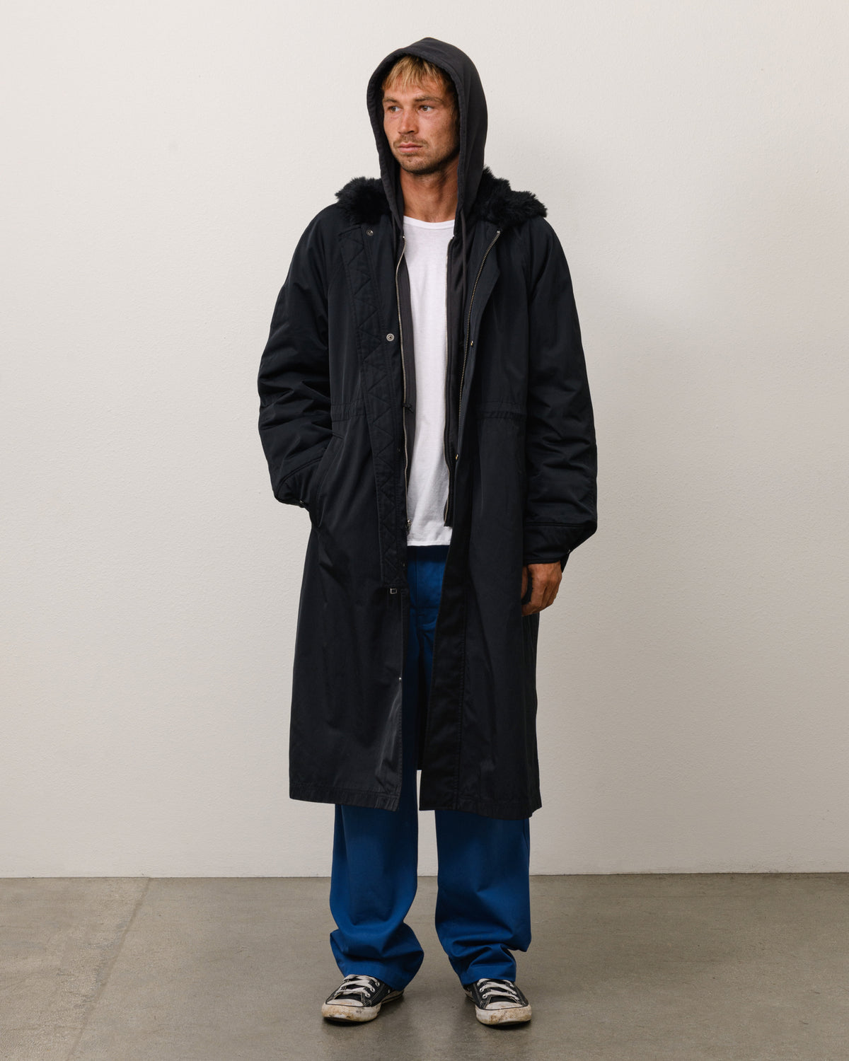 Fur Hood Long Parka Unisex Long Sleeve In Black