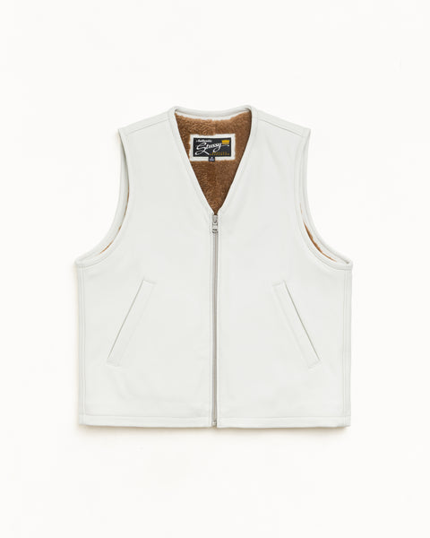 Pile Lined Leather Vest Unisex Sleeveless In Bone