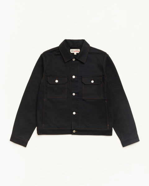 Trucker Denim Unisex Long Sleeve In Raw Black Contrast Stitch