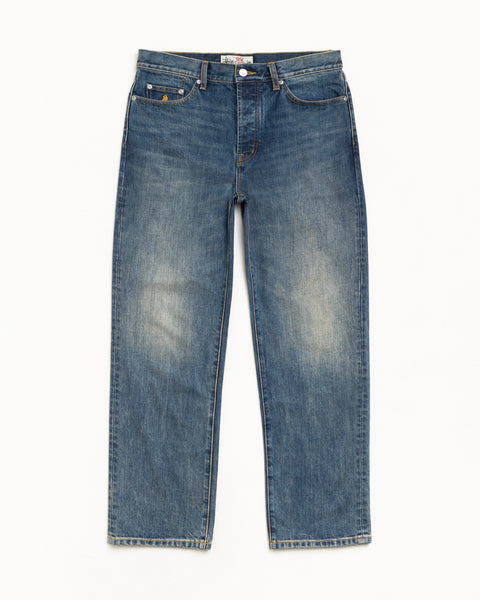 Unisex Straight Leg Jeans In Blue Slub Denim With Five Pocket Styling