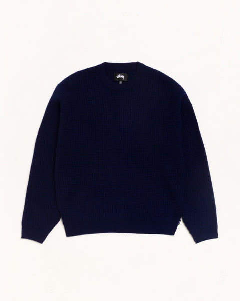 Waffle Cashmere Sweater Unisex Long Sleeve In Deep Navy