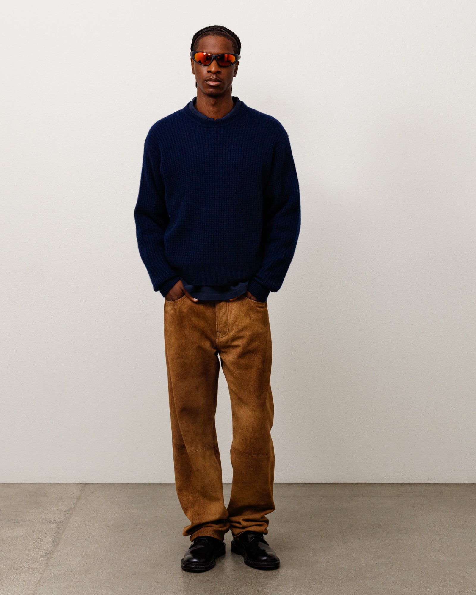 Waffle Cashmere Sweater Unisex Long Sleeve In Deep Navy