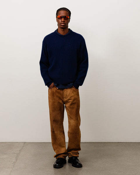 Waffle Cashmere Sweater Unisex Long Sleeve In Deep Navy