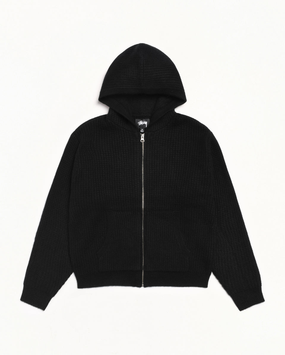 Waffle Cashmere Zip Hood Mens Long Sleeve In Black