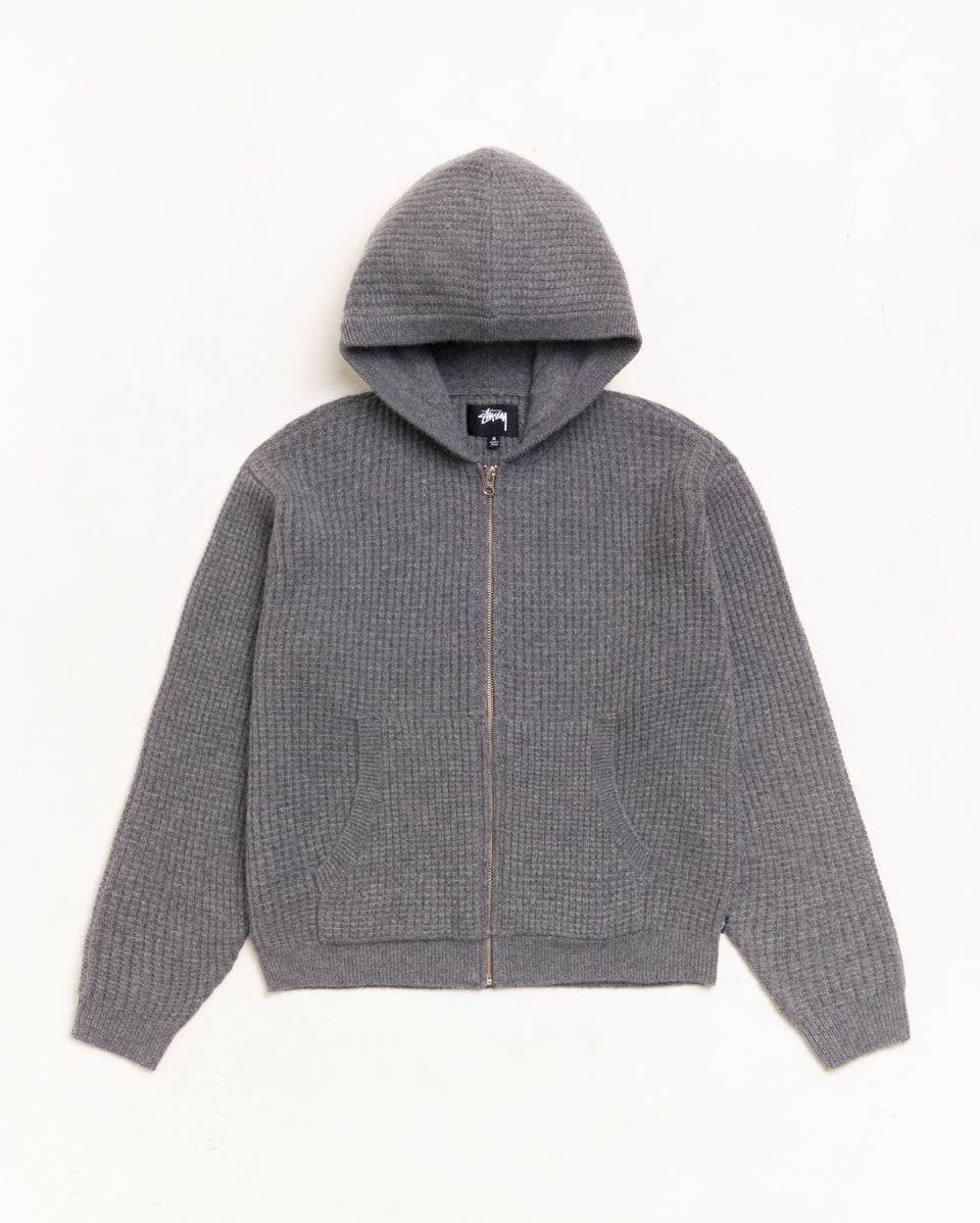 Waffle Cashmere Zip Hood Unisex Long Sleeve In Charcoal