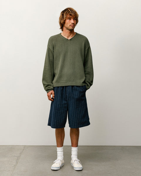 Roll V Neck Sweater Mens Long Sleeve In Olive