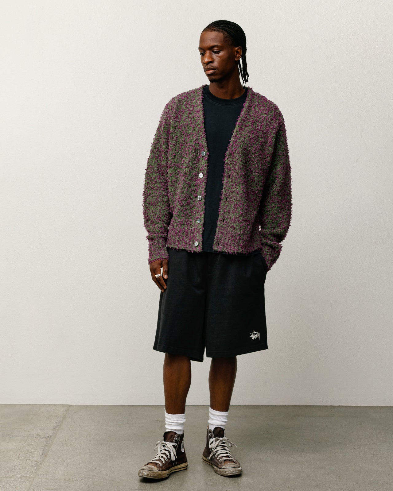 Textured Cardigan Mens Long Sleeve In Purple/green