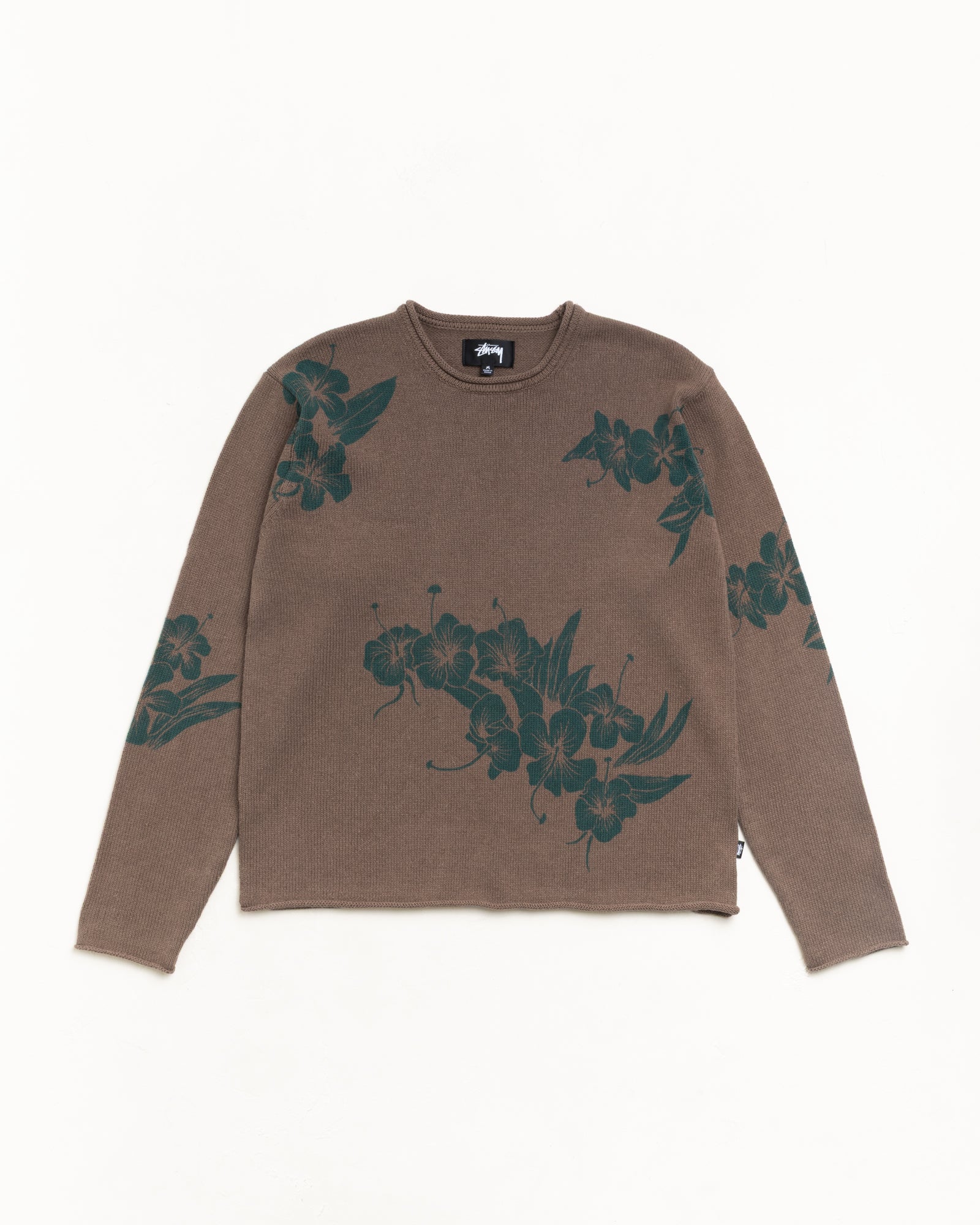 Brown floral knit sweater with crew neck and long sleeves