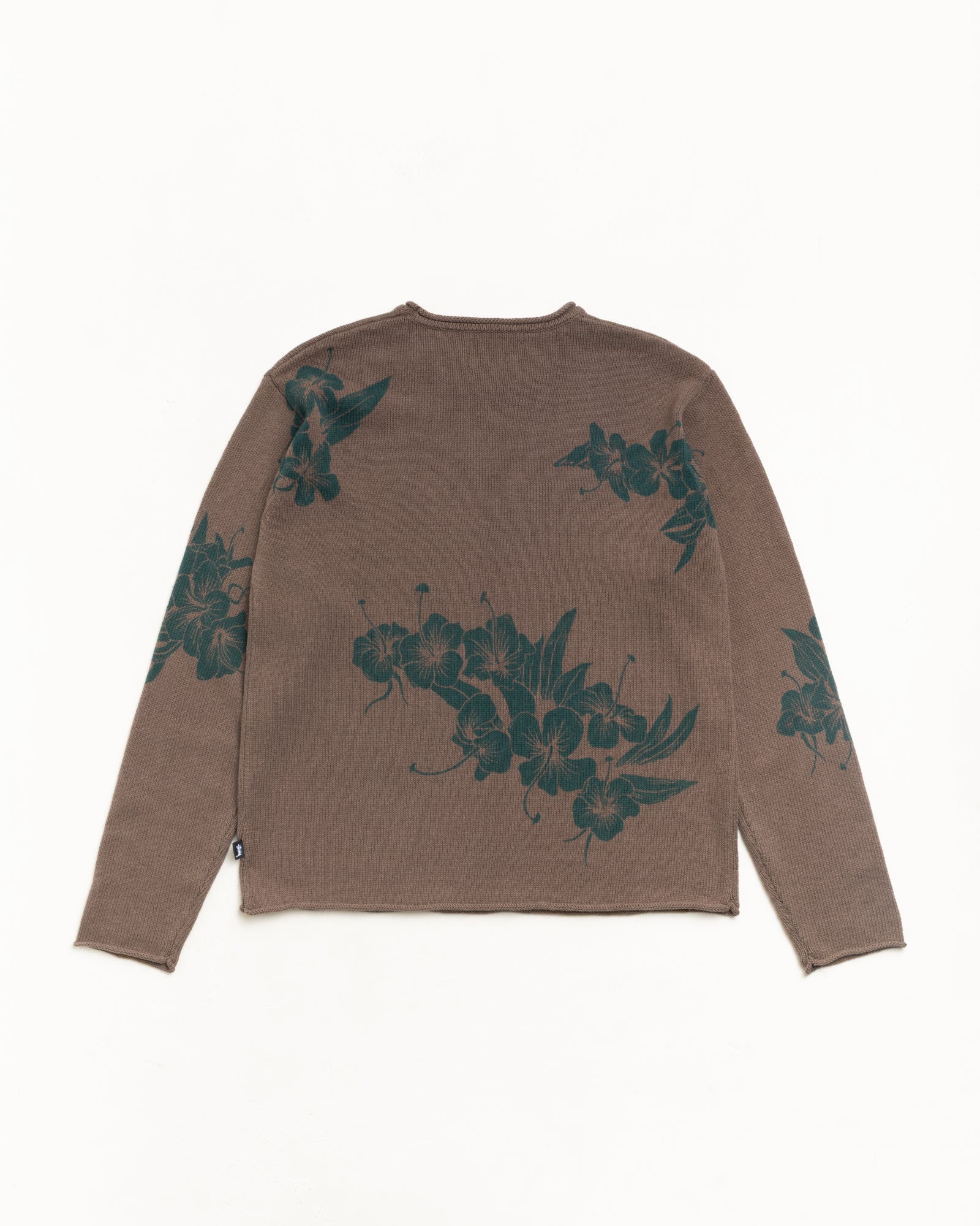 Brown Roll Neck Long-Sleeve Sweater, Back Flat Lay With Green Floral Knit Graphic