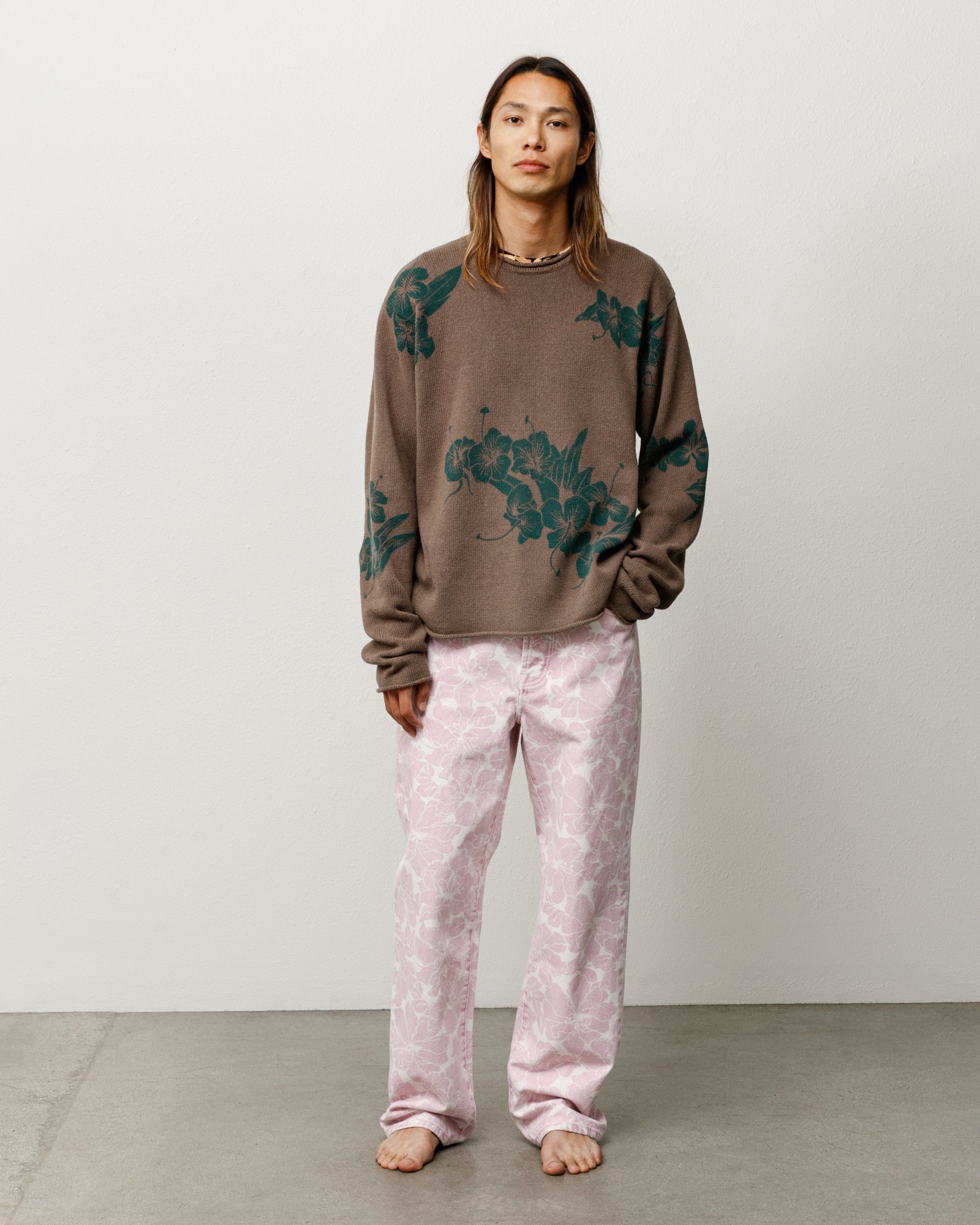 Brown Unisex Long Sleeve Knit Sweater With Green Floral Pattern