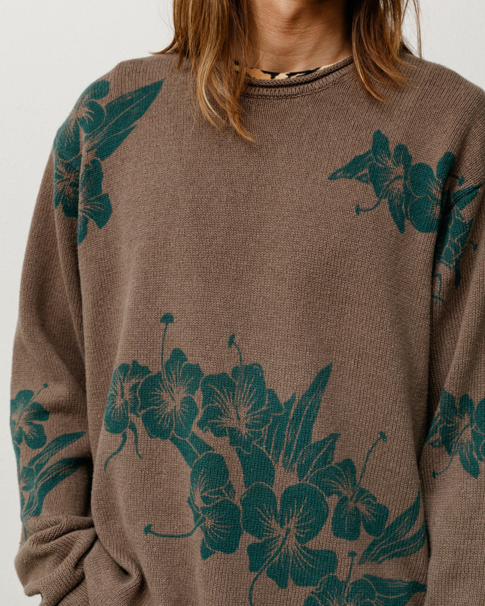 Brown Roll Neck Sweater Unisex Long Sleeve With Green Floral Knit