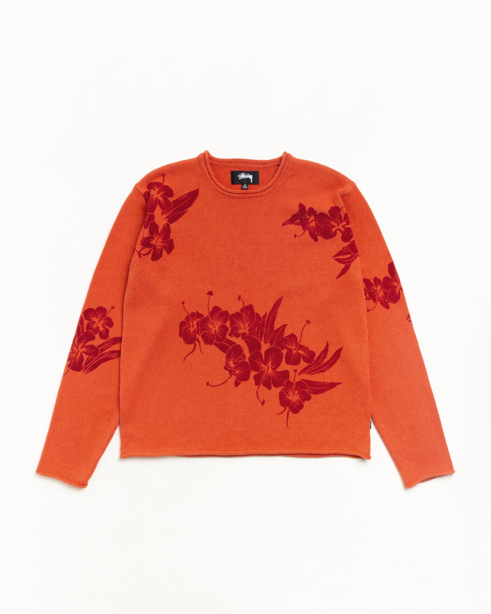 Rust floral knit sweater unisex long sleeve crew neck
