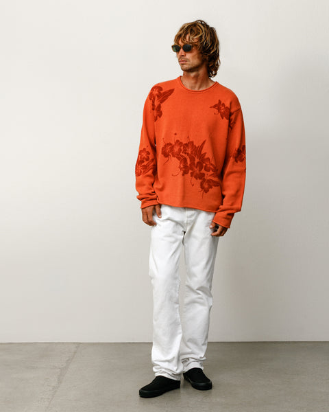 Floral Knit Sweater Unisex Long Sleeve In Rust
