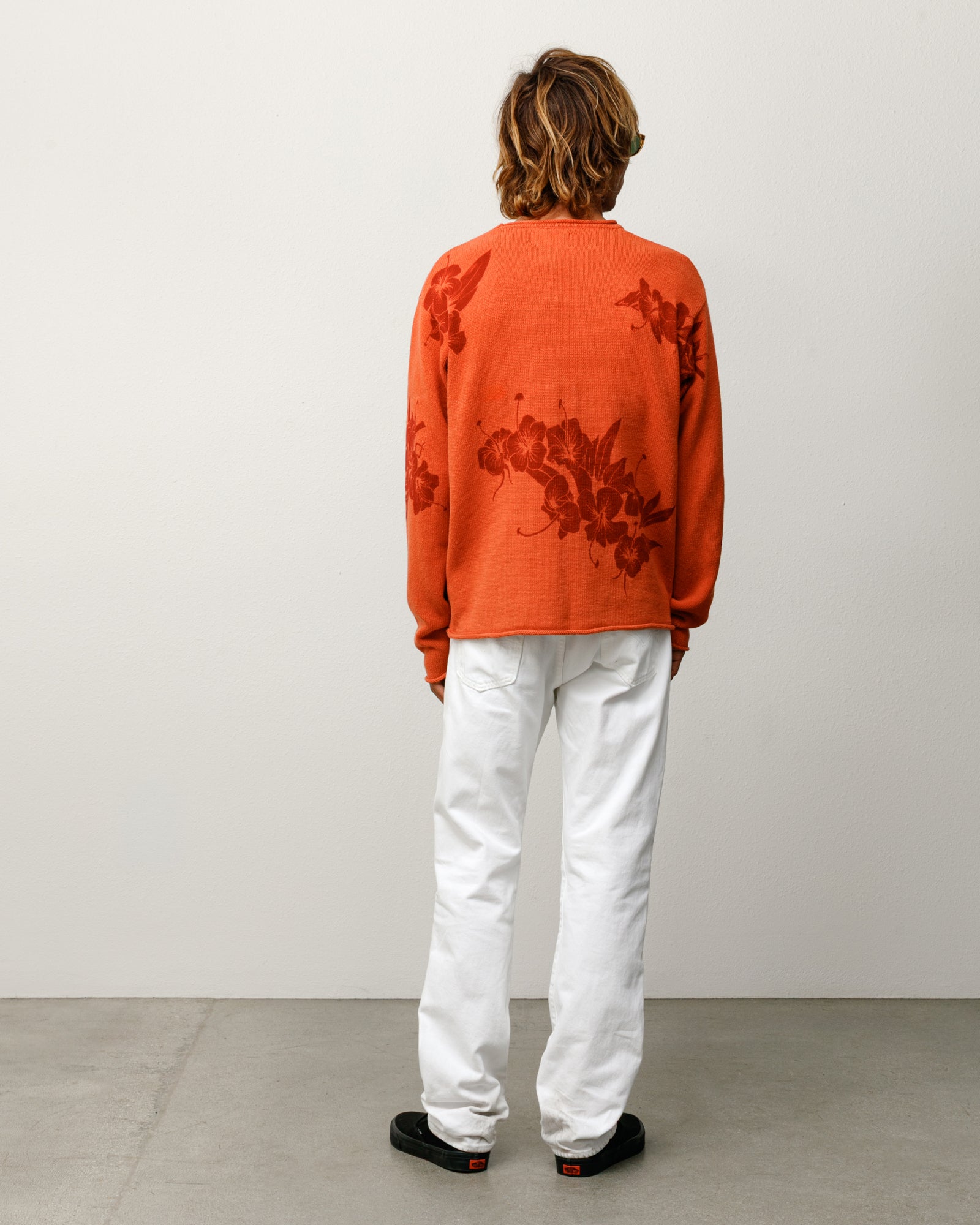 Floral Roll Neck Sweater Unisex Long Sleeve In Rust, Tonal Floral Print Back View