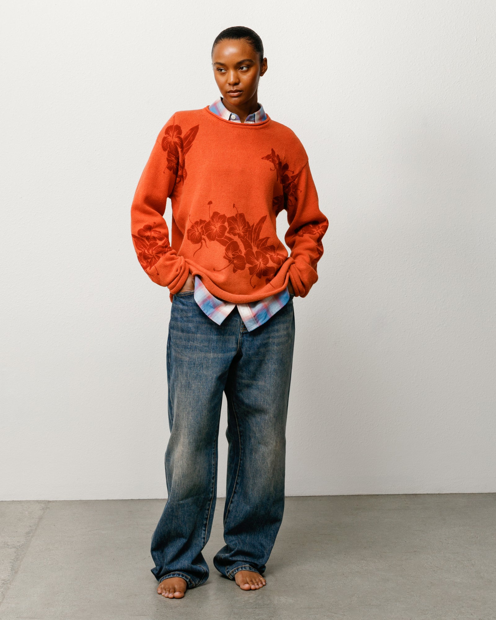 Rust Floral Roll Neck Sweater Unisex Long Sleeve, Worn Over Checked Shirt In Relaxed Fit