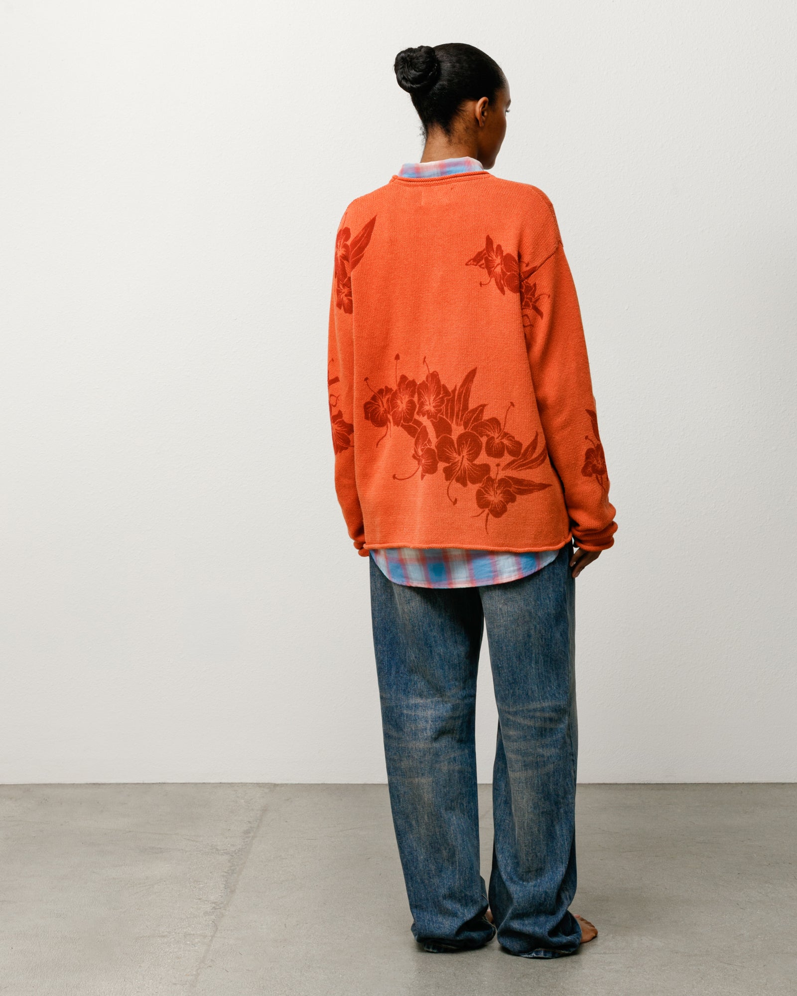 Rust Roll Neck Sweater in Floral Knit, Shown On Model Back View